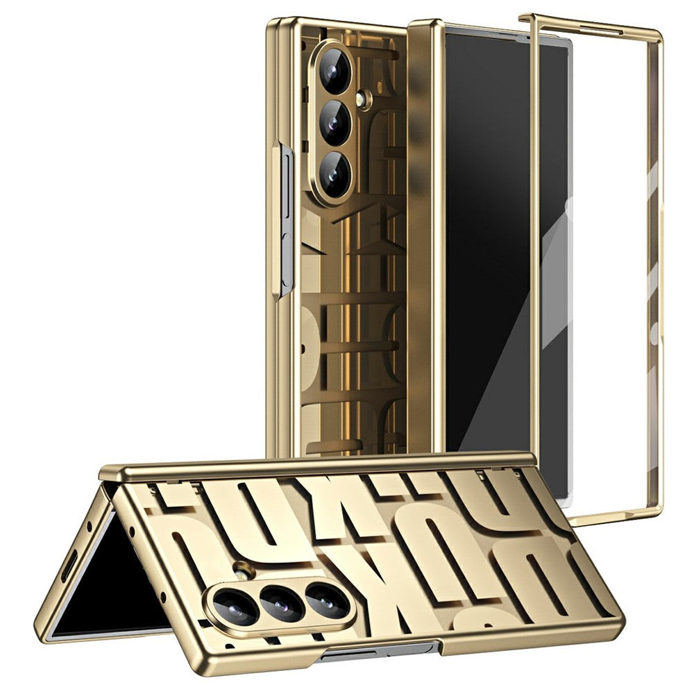 For Samsung Galaxy Z Fold7 5G Case Electroplating PC Phone Cover with Tempered Glass Film - Gold