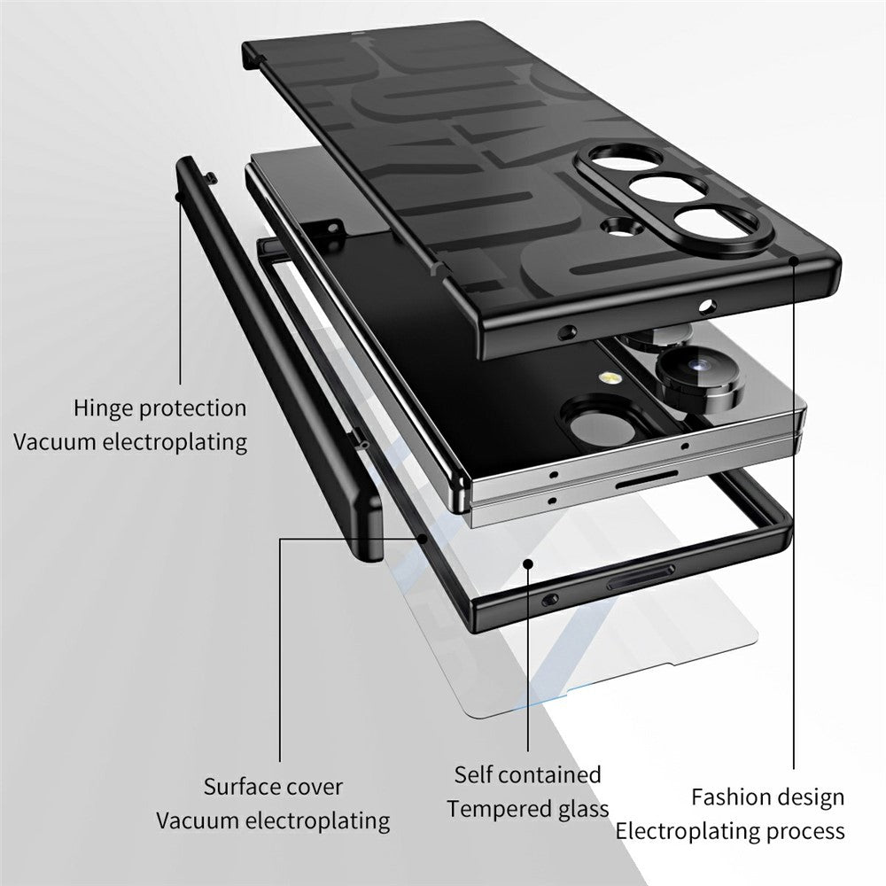 For Samsung Galaxy Z Fold7 5G Case Electroplating PC Phone Cover with Tempered Glass Film - Black