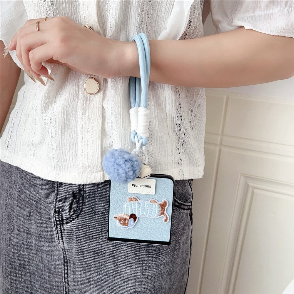 For Samsung Galaxy Z Flip7 5G Case Cute Dog Hinge Protection Litchi Texture Phone Cover with Wrist Strap - Blue