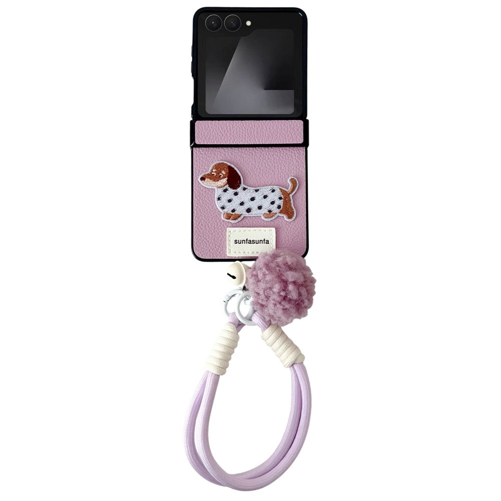 For Samsung Galaxy Z Flip7 5G Case Cute Dog Hinge Protection Litchi Texture Phone Cover with Wrist Strap - Purple