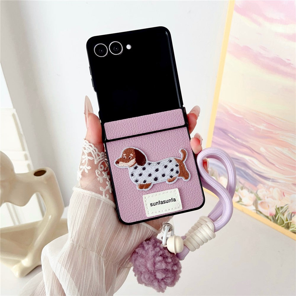 For Samsung Galaxy Z Flip7 5G Case Cute Dog Hinge Protection Litchi Texture Phone Cover with Wrist Strap - Purple