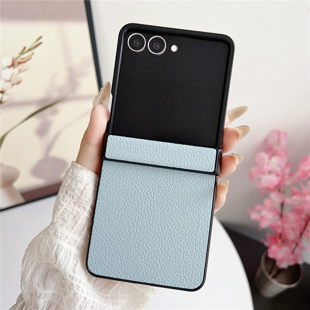 For Samsung Galaxy Z Flip7 5G Case Hinge Protection Litchi Texture Leather + PC Phone Cover - Blue