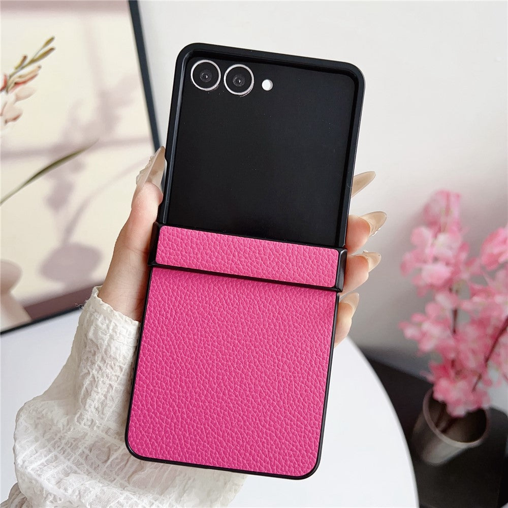 For Samsung Galaxy Z Flip7 5G Case Hinge Protection Litchi Texture Leather + PC Phone Cover - Rose