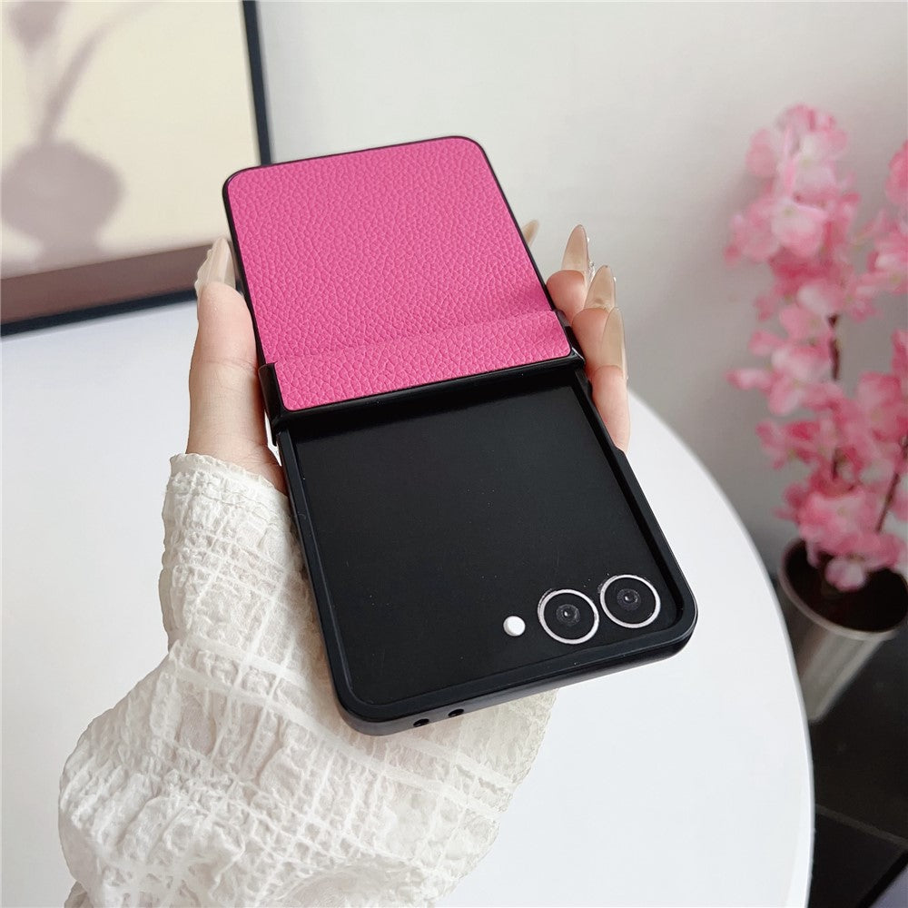 For Samsung Galaxy Z Flip7 5G Case Hinge Protection Litchi Texture Leather + PC Phone Cover - Rose