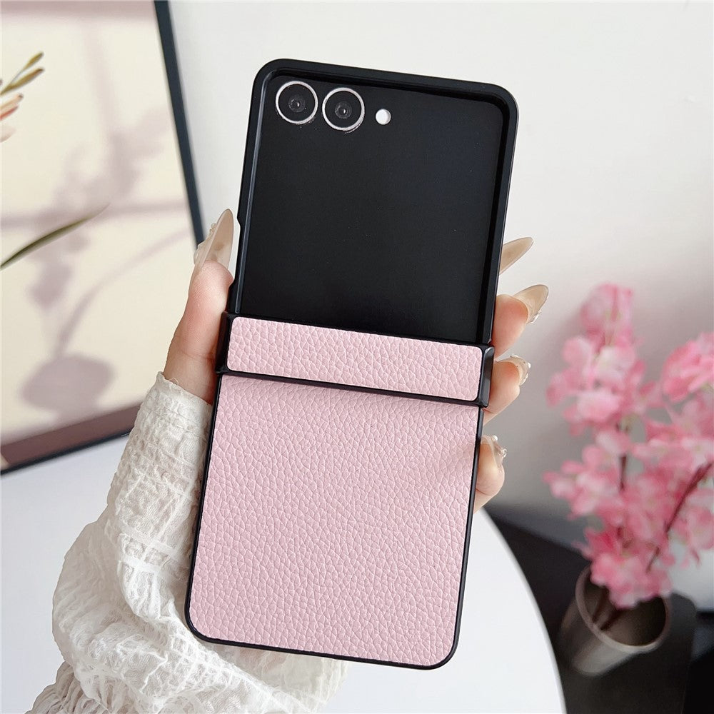 For Samsung Galaxy Z Flip7 5G Case Hinge Protection Litchi Texture Leather + PC Phone Cover - Pink