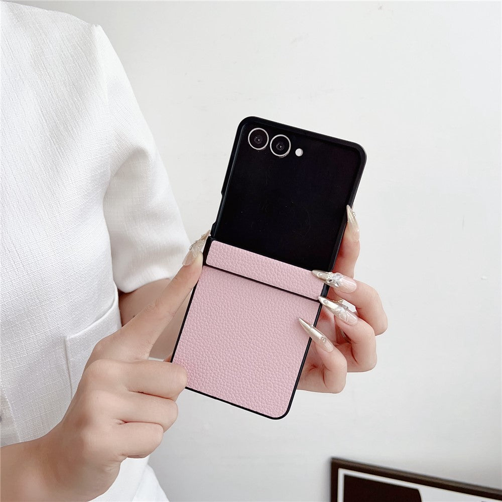 For Samsung Galaxy Z Flip7 5G Case Hinge Protection Litchi Texture Leather + PC Phone Cover - Pink
