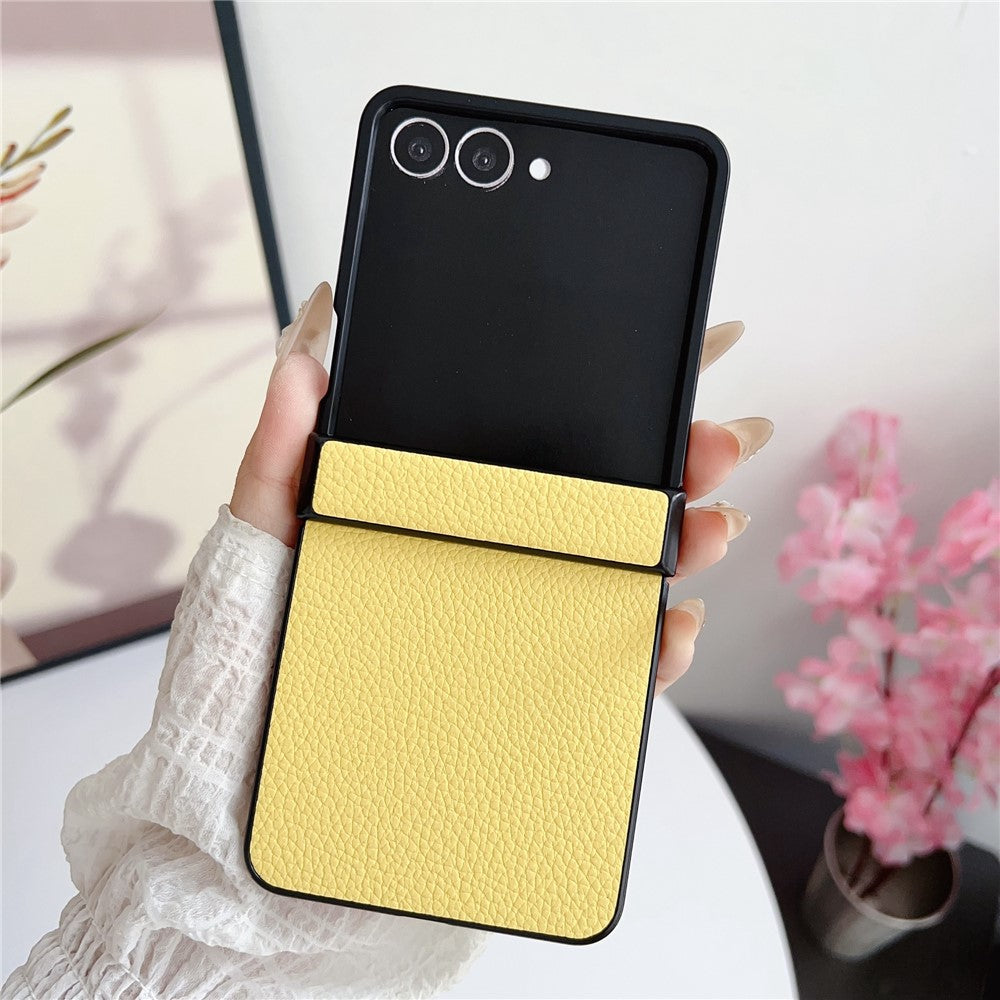 For Samsung Galaxy Z Flip7 5G Case Hinge Protection Litchi Texture Leather + PC Phone Cover - Yellow