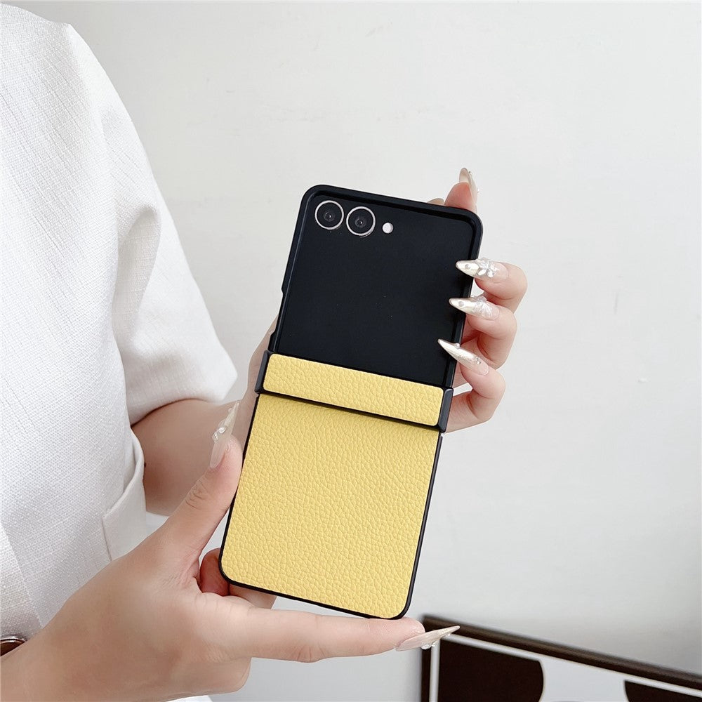For Samsung Galaxy Z Flip7 5G Case Hinge Protection Litchi Texture Leather + PC Phone Cover - Yellow