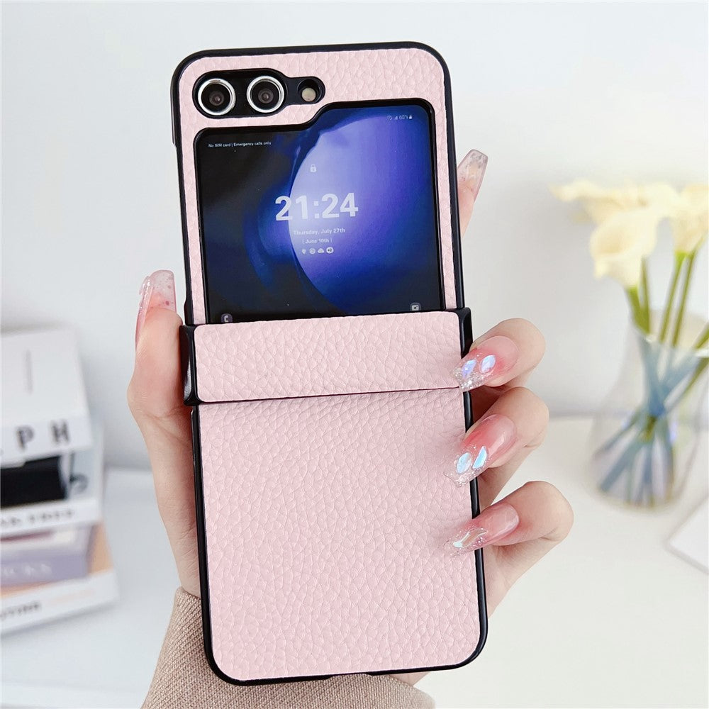 For Samsung Galaxy Z Flip7 FE 5G / Z Flip6 5G Case Hinge Protection Litchi Texture Leather + PC Phone Cover - Pink