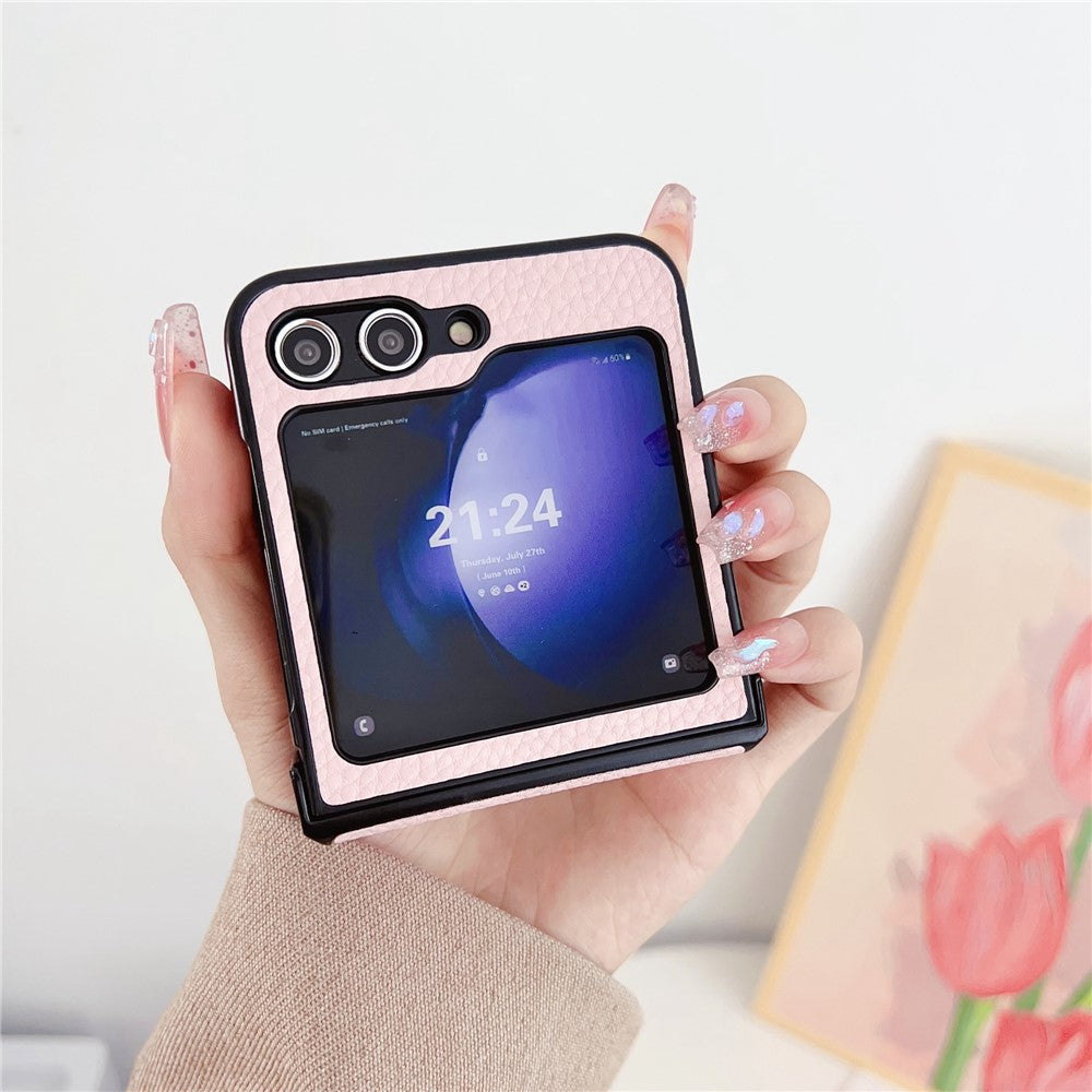 For Samsung Galaxy Z Flip7 FE 5G / Z Flip6 5G Case Hinge Protection Litchi Texture Leather + PC Phone Cover - Pink