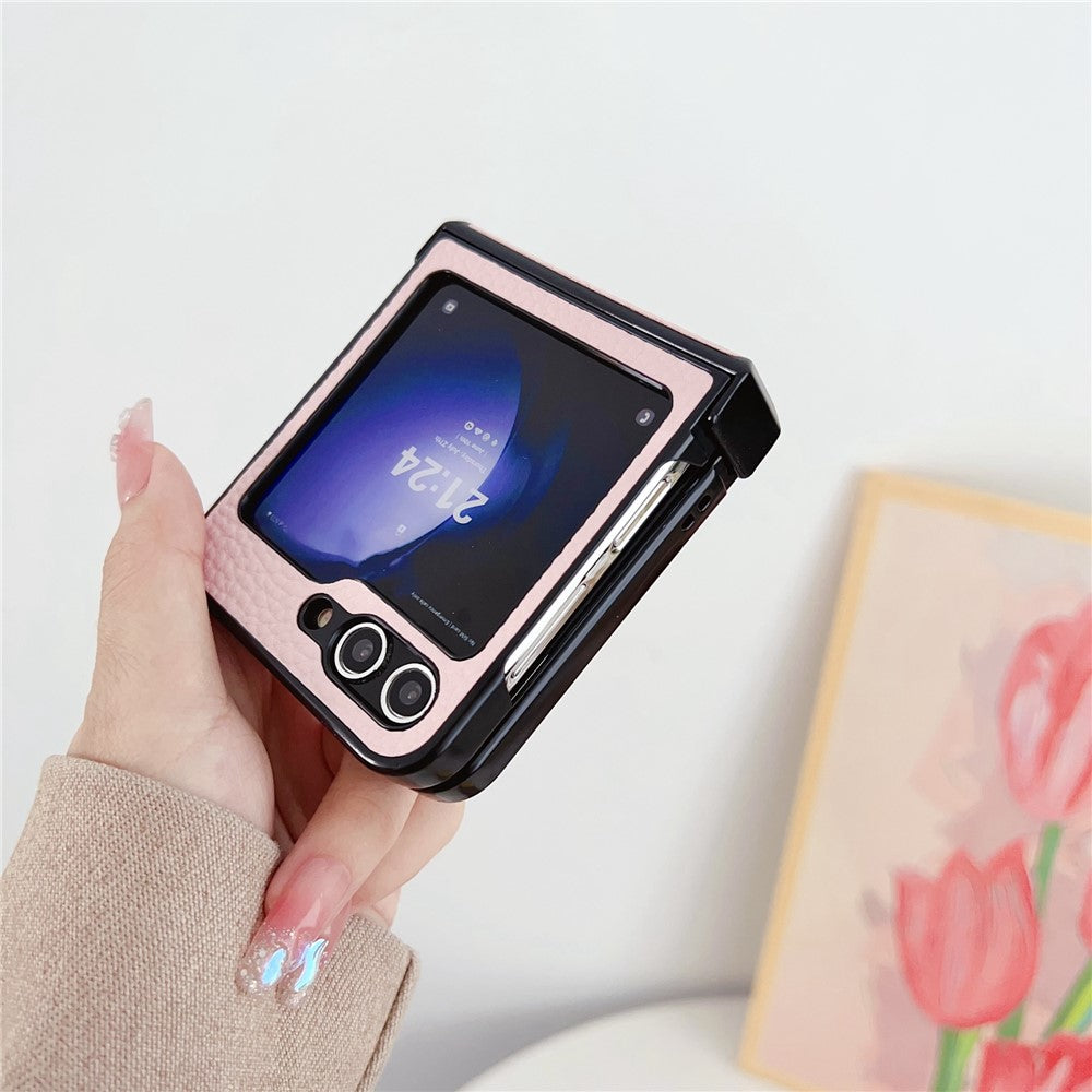For Samsung Galaxy Z Flip7 FE 5G / Z Flip6 5G Case Hinge Protection Litchi Texture Leather + PC Phone Cover - Pink