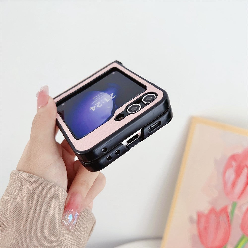 For Samsung Galaxy Z Flip7 FE 5G / Z Flip6 5G Case Hinge Protection Litchi Texture Leather + PC Phone Cover - Pink