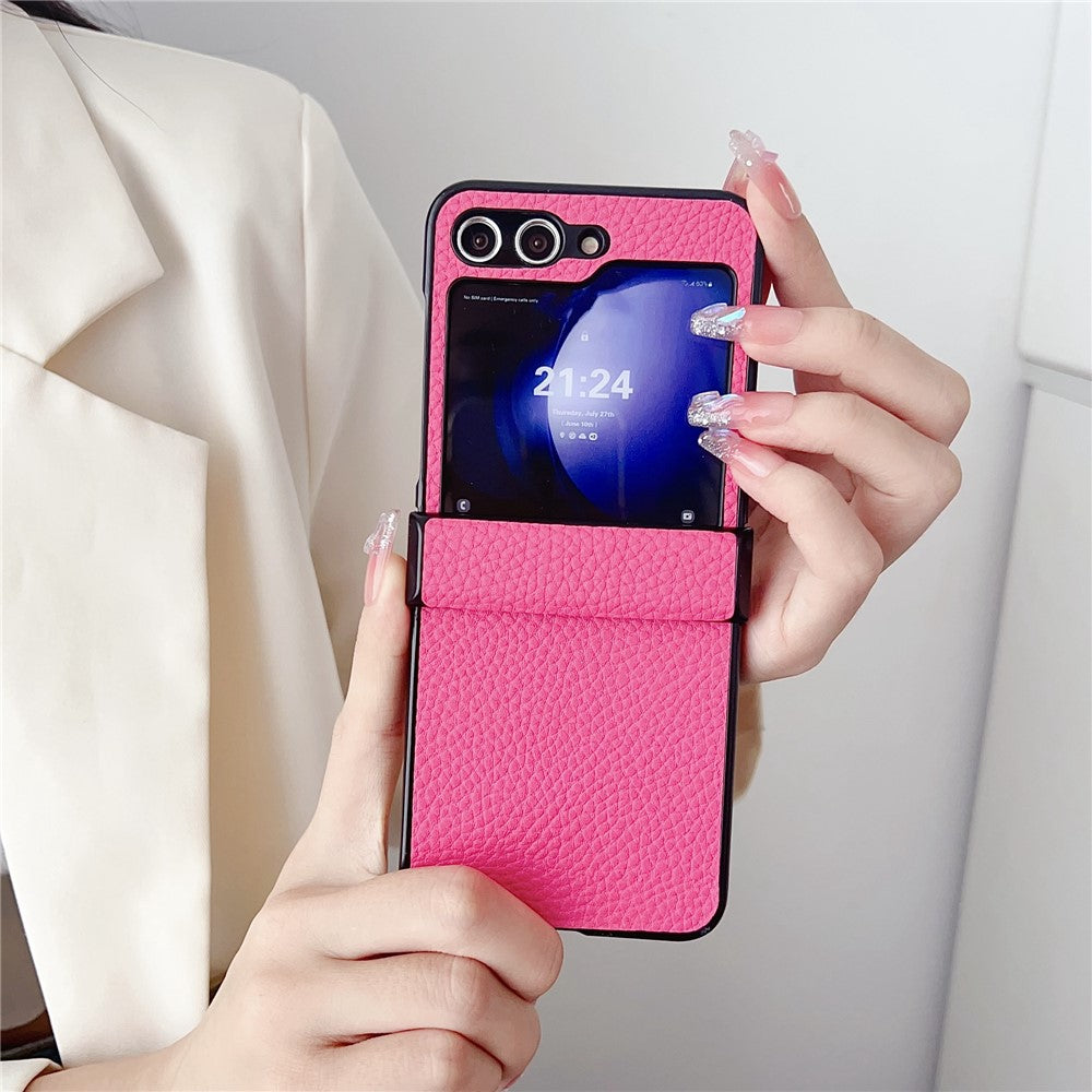 For Samsung Galaxy Z Flip7 FE 5G / Z Flip6 5G Case Hinge Protection Litchi Texture Leather + PC Phone Cover - Rose