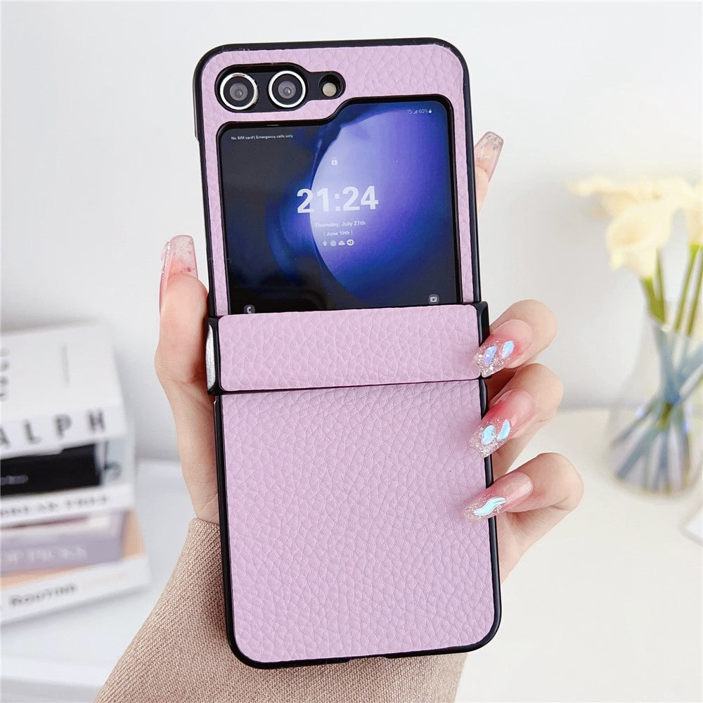For Samsung Galaxy Z Flip7 FE 5G / Z Flip6 5G Case Hinge Protection Litchi Texture Leather + PC Phone Cover - Purple