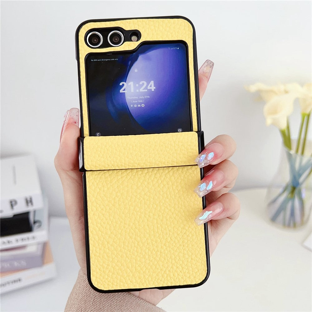 For Samsung Galaxy Z Flip7 FE 5G / Z Flip6 5G Case Hinge Protection Litchi Texture Leather + PC Phone Cover - Yellow