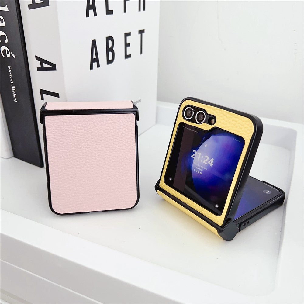 For Samsung Galaxy Z Flip7 FE 5G / Z Flip6 5G Case Hinge Protection Litchi Texture Leather + PC Phone Cover - Yellow
