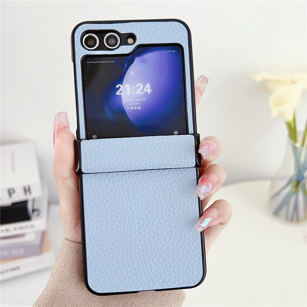 For Samsung Galaxy Z Flip7 FE 5G / Z Flip6 5G Case Hinge Protection Litchi Texture Leather + PC Phone Cover - Blue