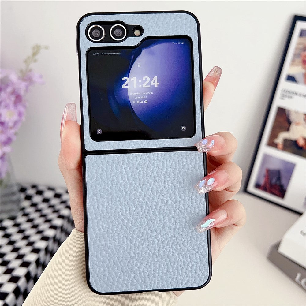 For Samsung Galaxy Z Flip7 FE 5G / Z Flip6 5G Case Litchi Texture Leather + PC Shockproof Phone Cover - Blue