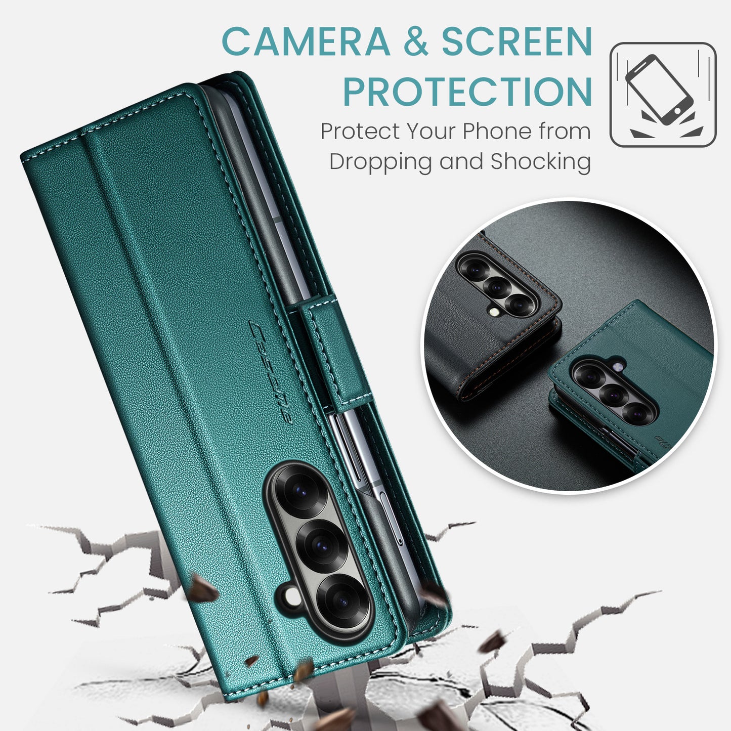 For Samsung Galaxy Z Fold7 5G Case CASEME 023 Series RFID Blocking Leather Wallet Stand Phone Cover - Green