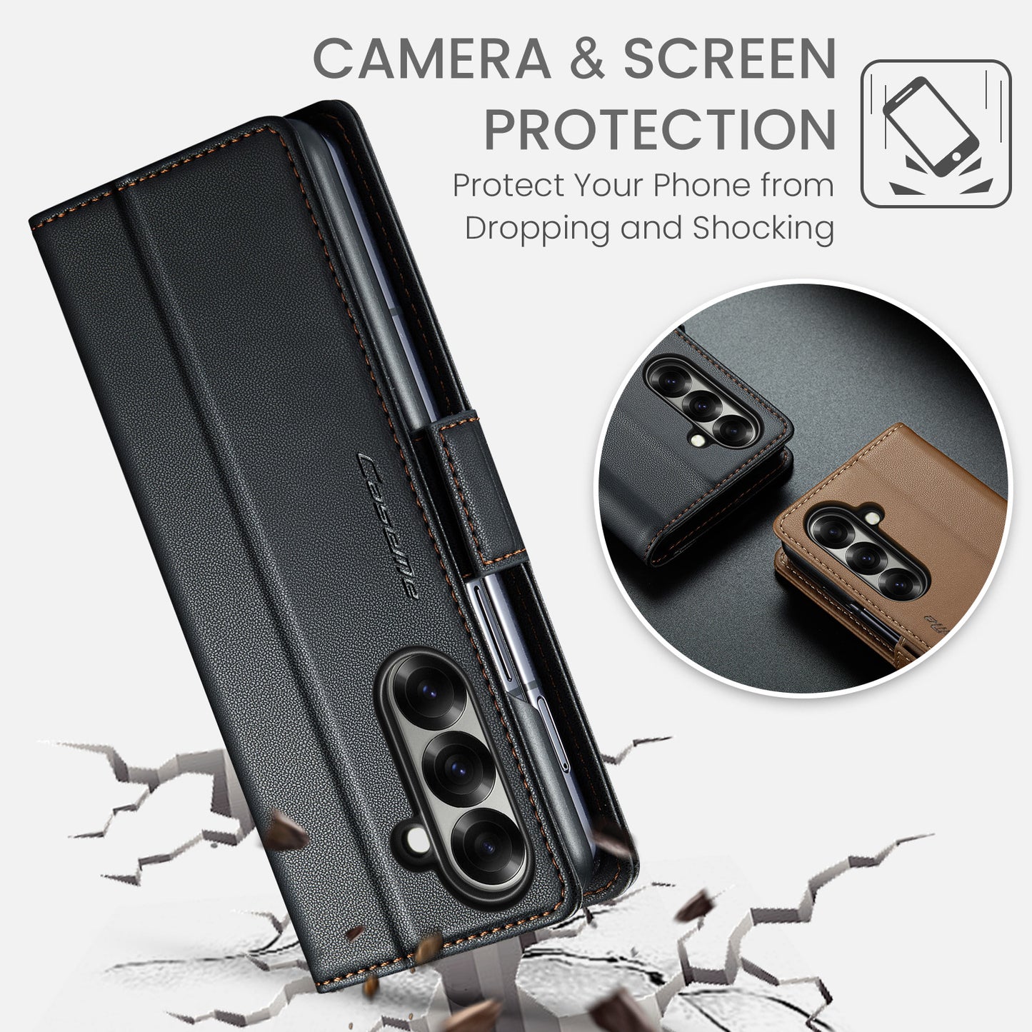 For Samsung Galaxy Z Fold7 5G Case CASEME 023 Series RFID Blocking Leather Wallet Stand Phone Cover - Black