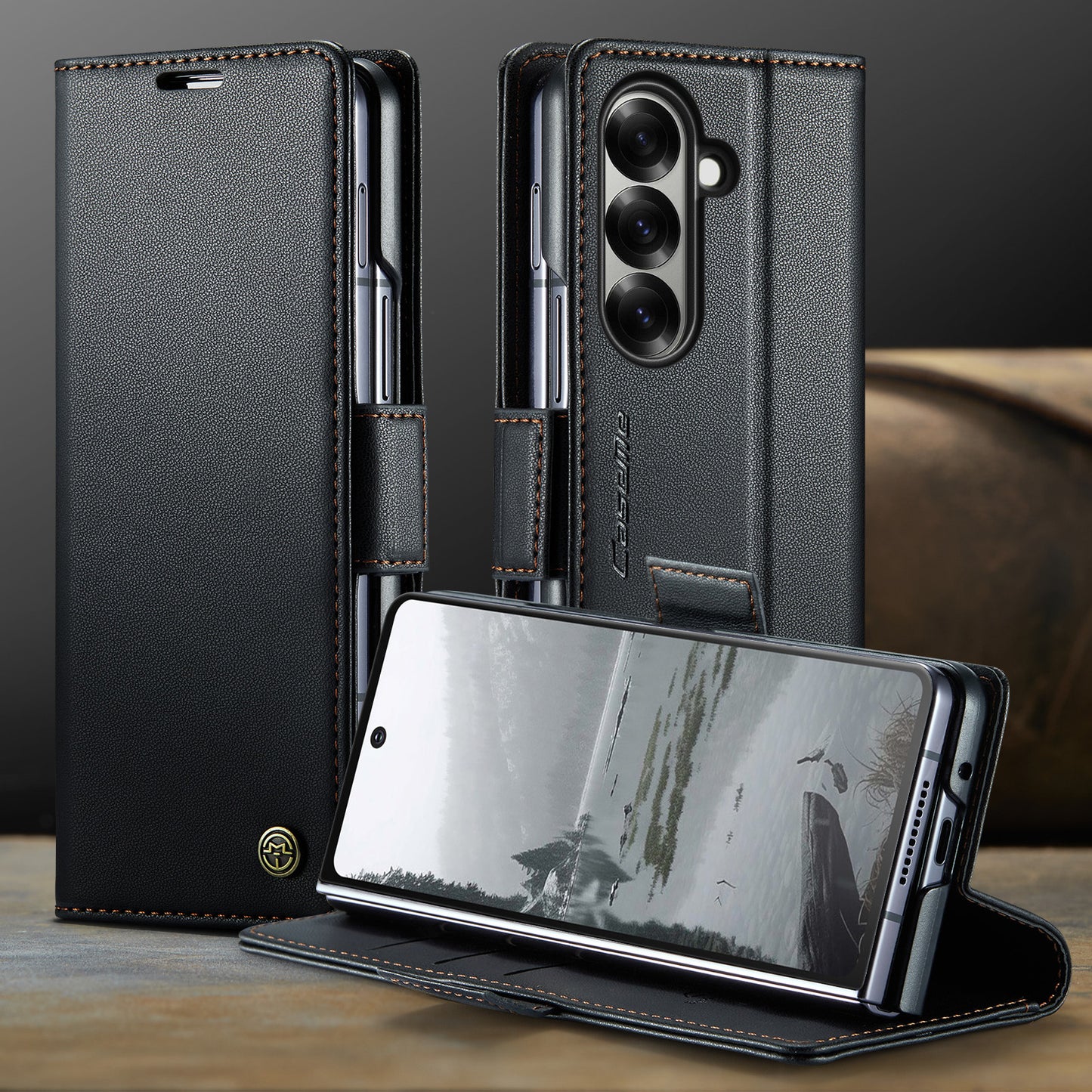 For Samsung Galaxy Z Fold7 5G Case CASEME 023 Series RFID Blocking Leather Wallet Stand Phone Cover - Black