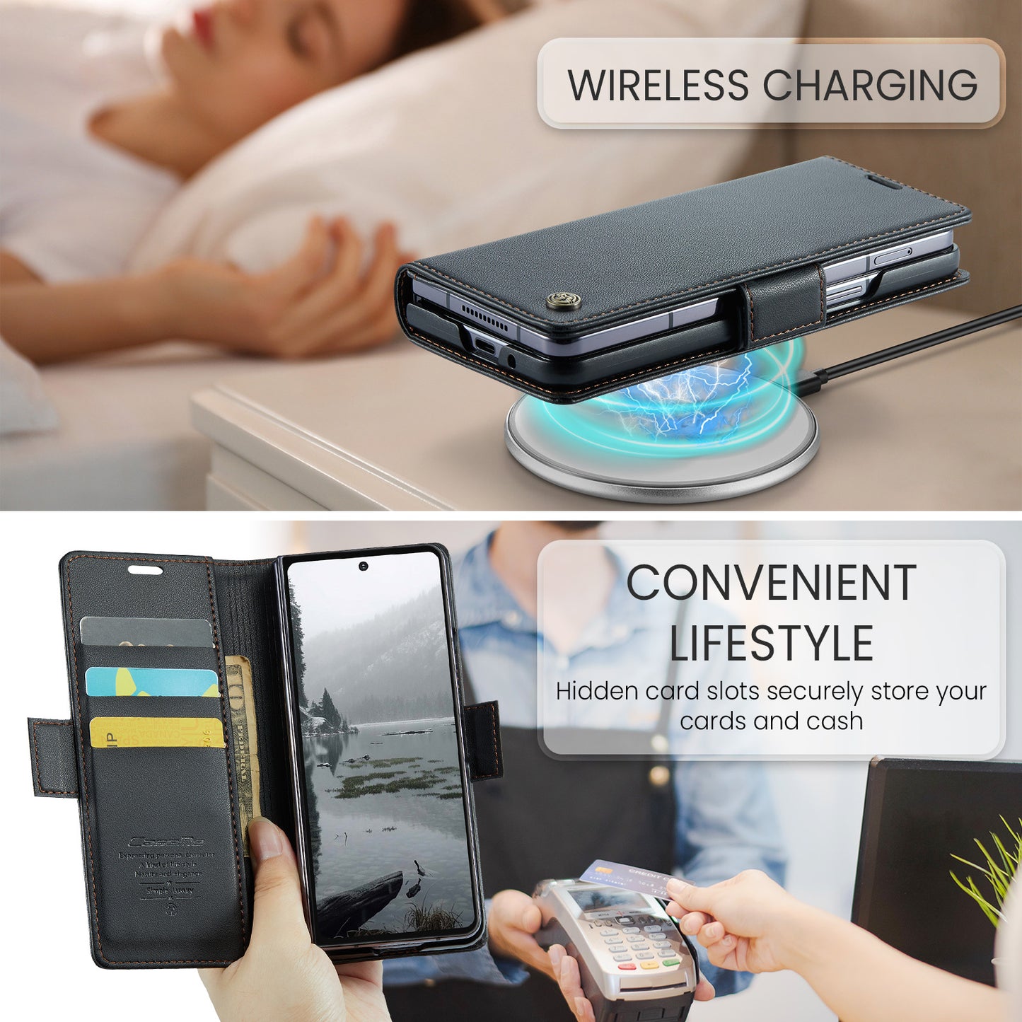 For Samsung Galaxy Z Fold7 5G Case CASEME 023 Series RFID Blocking Leather Wallet Stand Phone Cover - Black