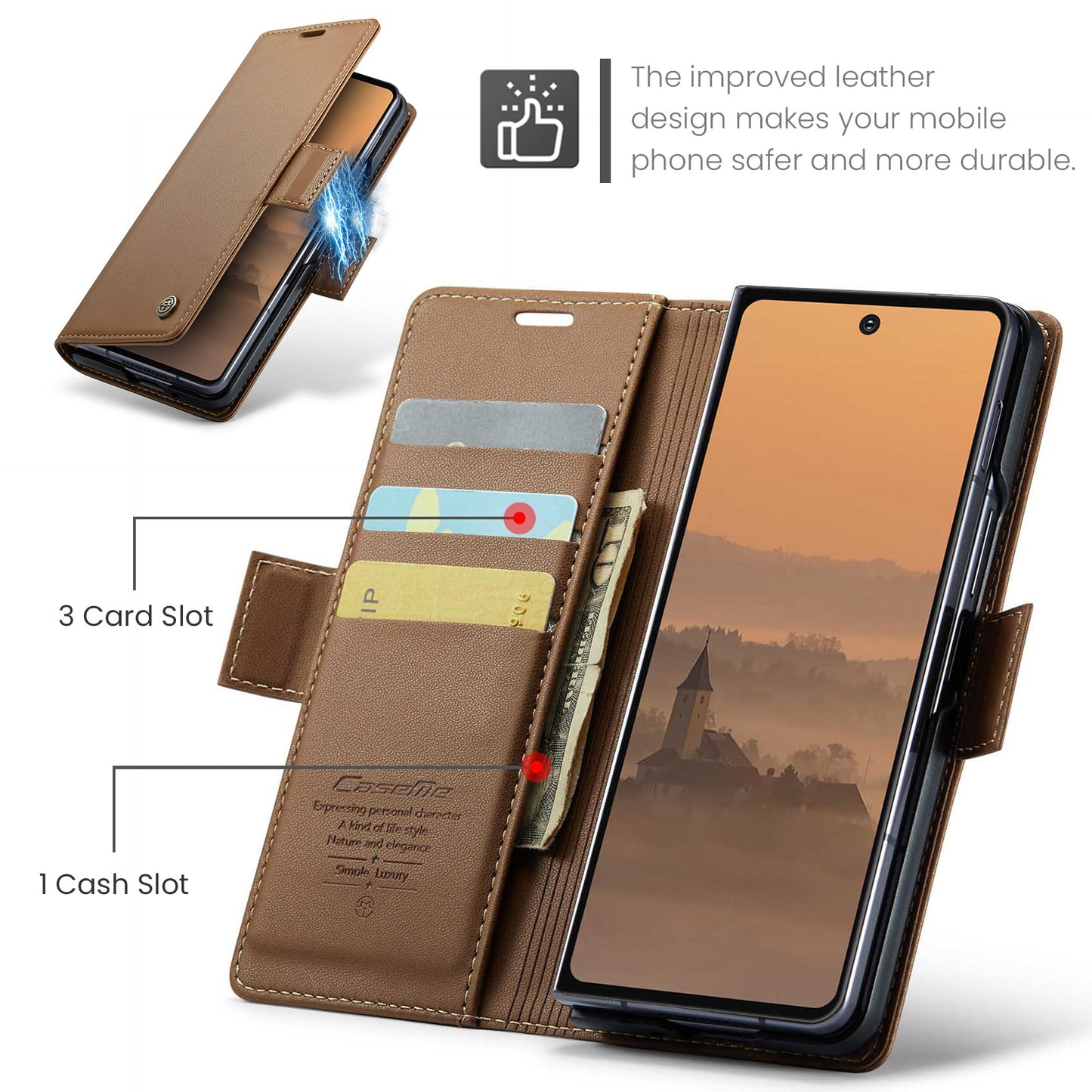 For Samsung Galaxy Z Fold7 5G Case CASEME 023 Series RFID Blocking Leather Wallet Stand Phone Cover - Brown