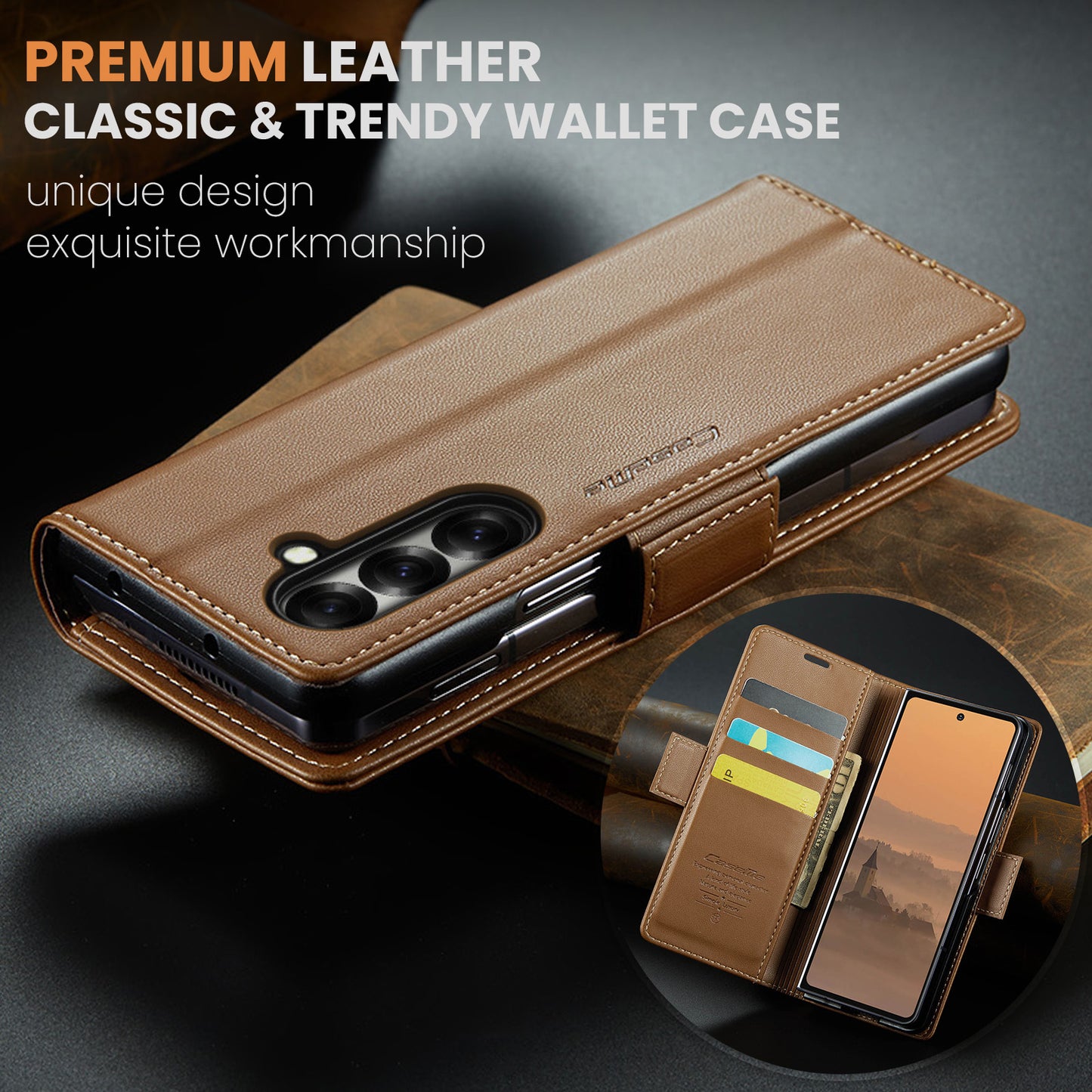 For Samsung Galaxy Z Fold7 5G Case CASEME 023 Series RFID Blocking Leather Wallet Stand Phone Cover - Brown