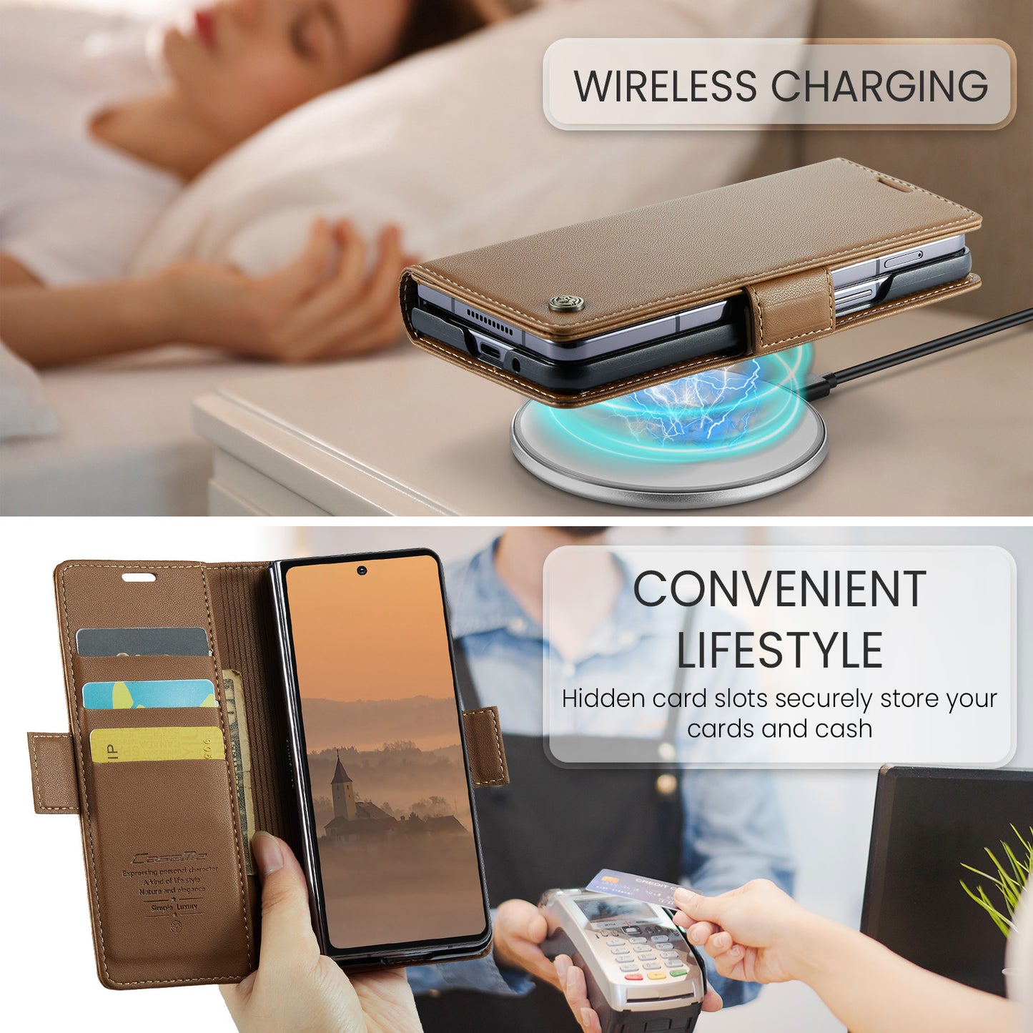 For Samsung Galaxy Z Fold7 5G Case CASEME 023 Series RFID Blocking Leather Wallet Stand Phone Cover - Brown