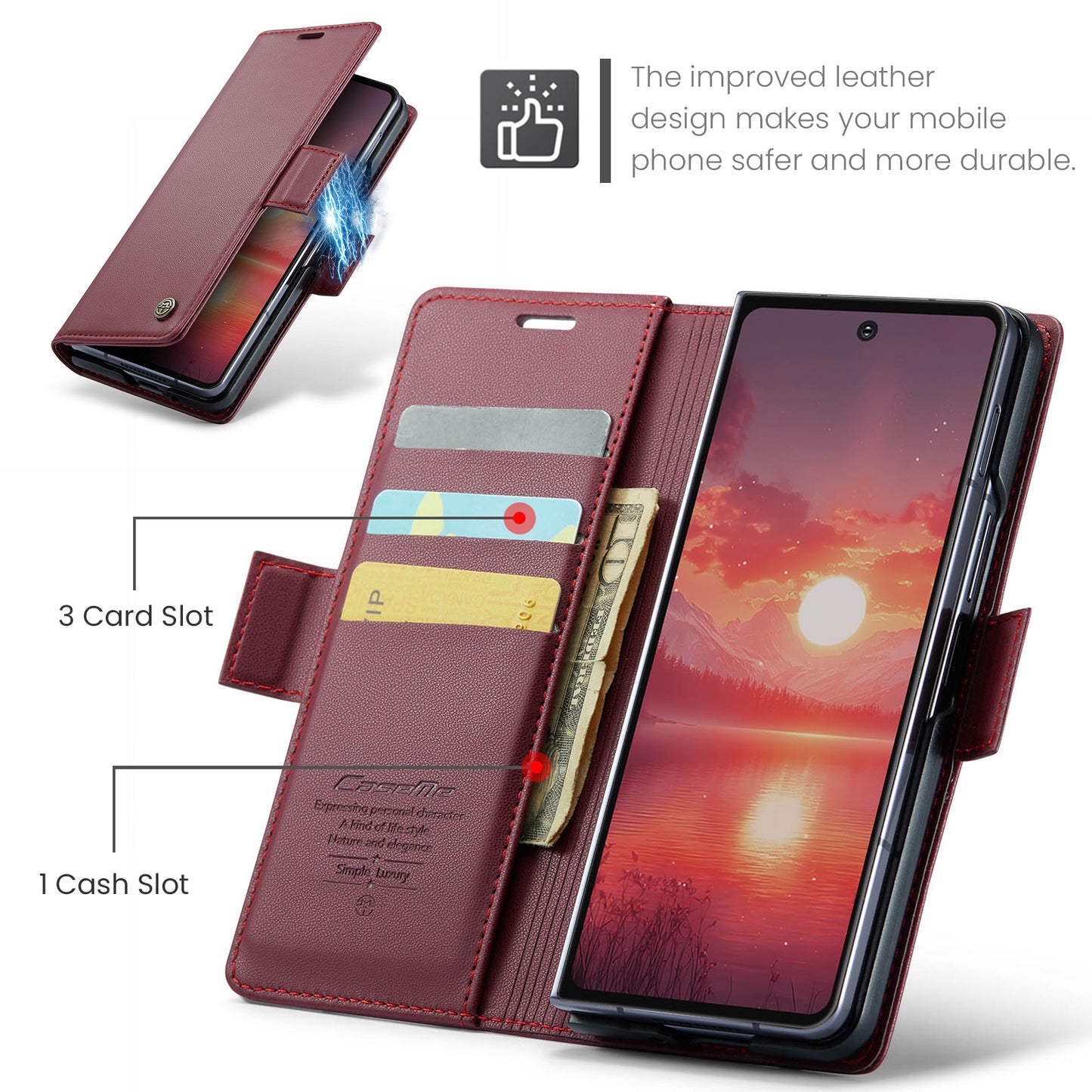 For Samsung Galaxy Z Fold7 5G Case CASEME 023 Series RFID Blocking Leather Wallet Stand Phone Cover - Red