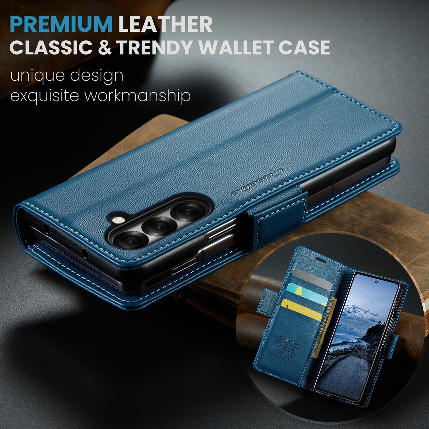 For Samsung Galaxy Z Fold7 5G Case CASEME 023 Series RFID Blocking Leather Wallet Stand Phone Cover - Blue
