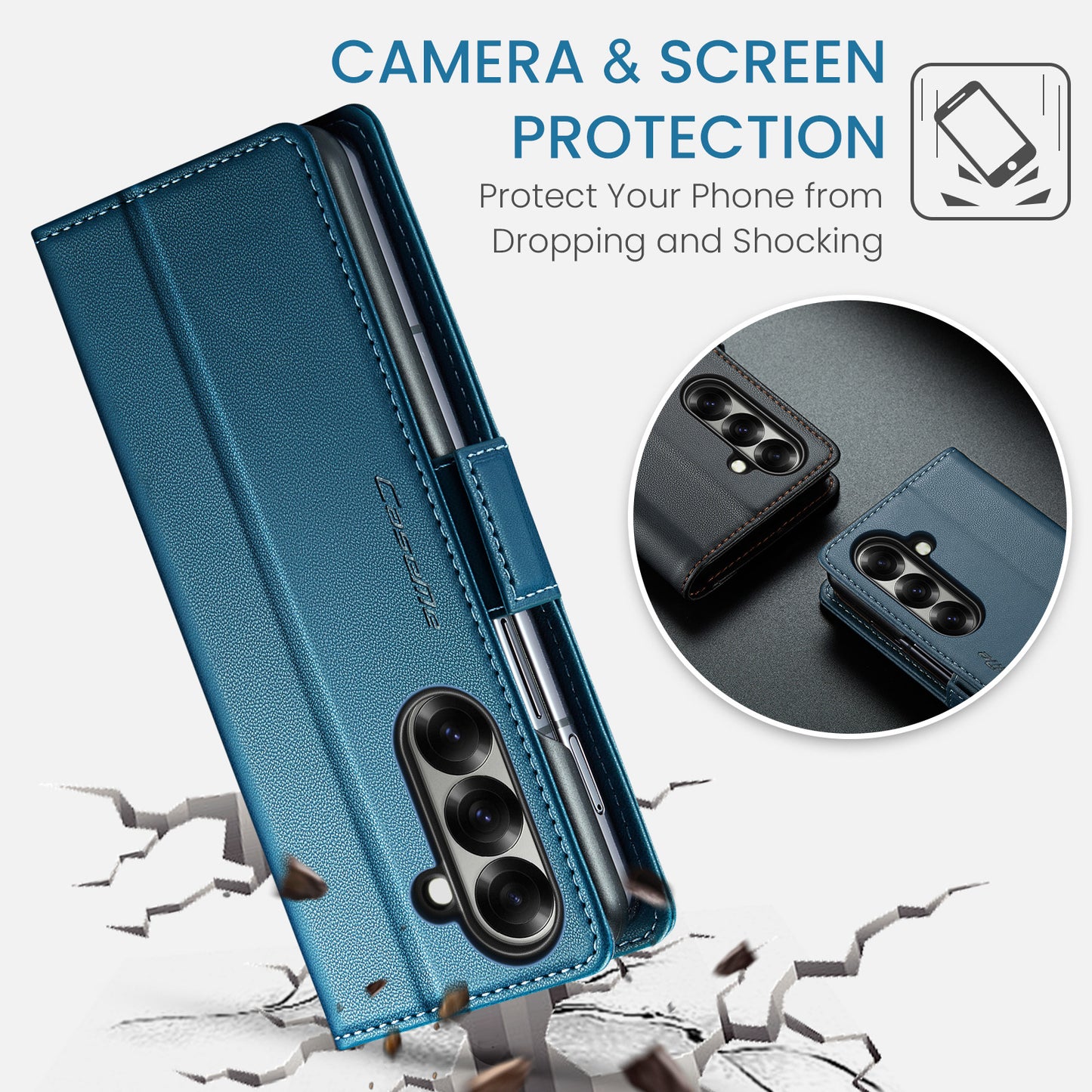 For Samsung Galaxy Z Fold7 5G Case CASEME 023 Series RFID Blocking Leather Wallet Stand Phone Cover - Blue