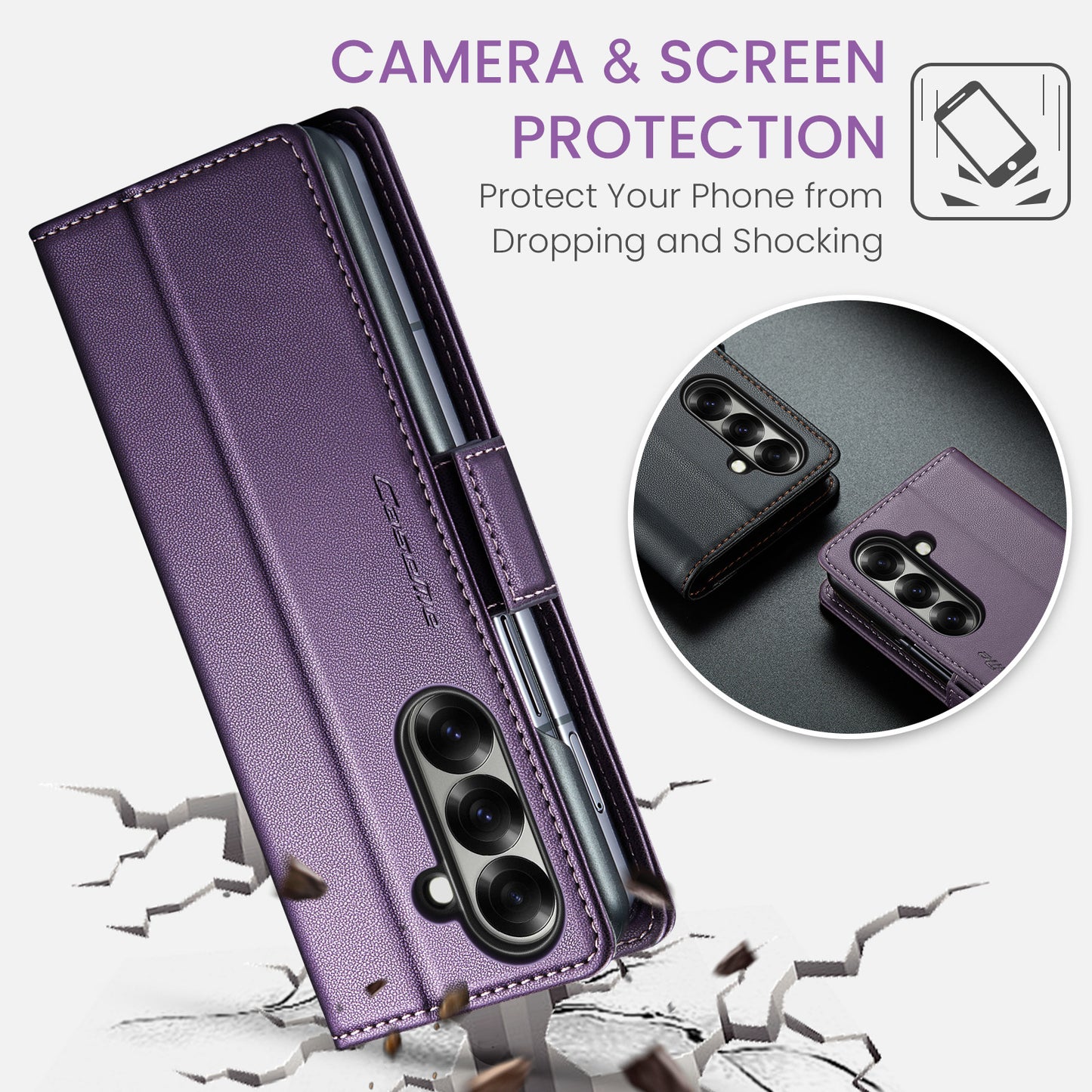 For Samsung Galaxy Z Fold7 5G Case CASEME 023 Series RFID Blocking Leather Wallet Stand Phone Cover - Purple