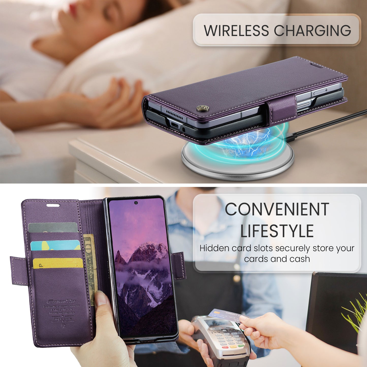 For Samsung Galaxy Z Fold7 5G Case CASEME 023 Series RFID Blocking Leather Wallet Stand Phone Cover - Purple