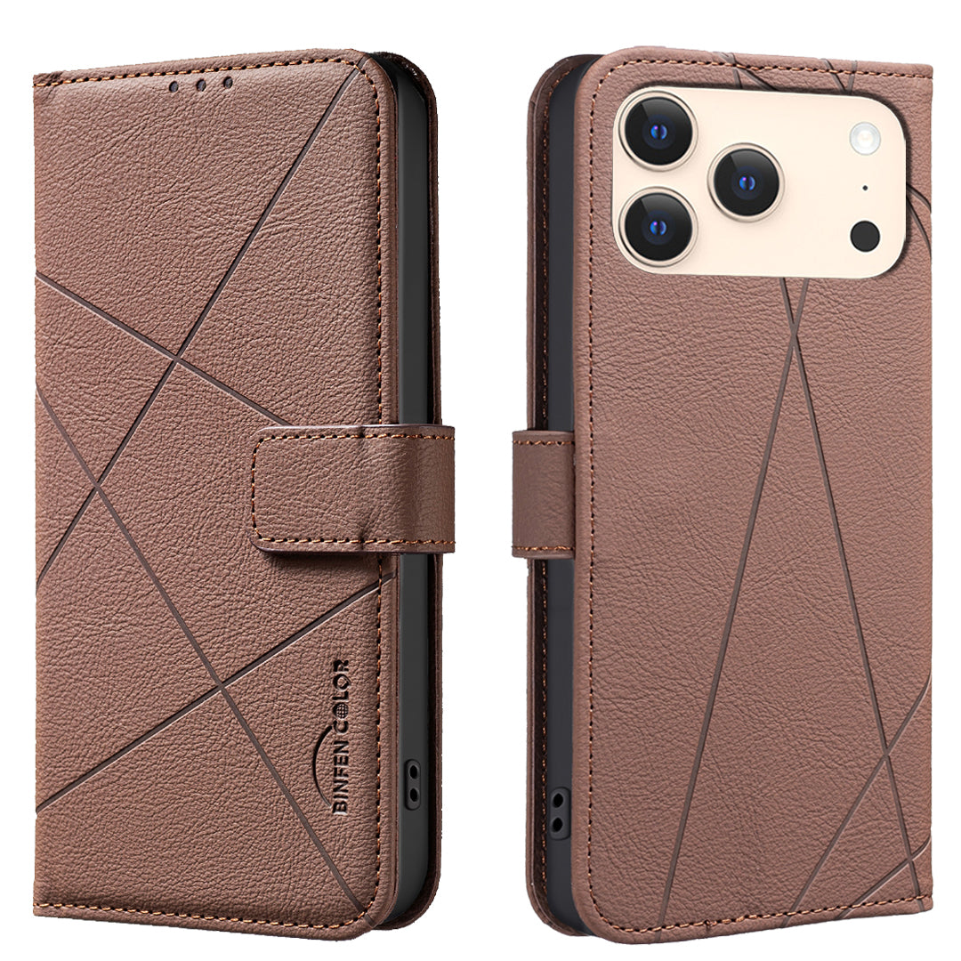 For iPhone 17 Pro Max Case BINFEN COLOR BF35 Geometry Imprinted Leather Phone Cover RFID Blocking Wallet Stand - Brown