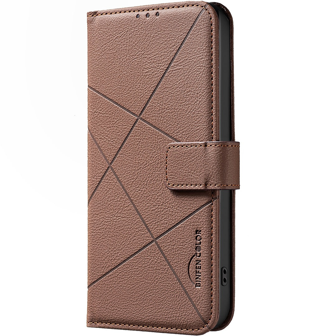 For iPhone 17 Pro Max Case BINFEN COLOR BF35 Geometry Imprinted Leather Phone Cover RFID Blocking Wallet Stand - Brown