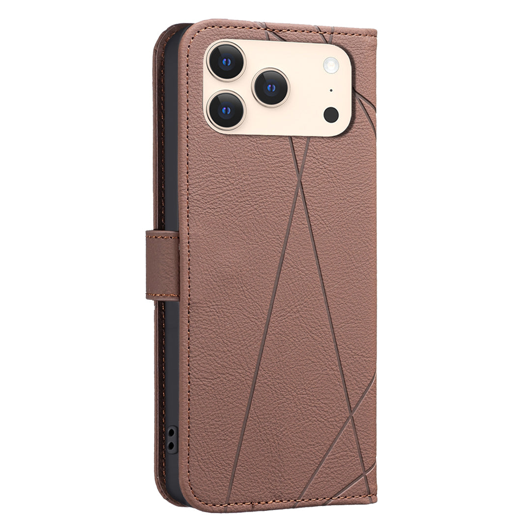 For iPhone 17 Pro Max Case BINFEN COLOR BF35 Geometry Imprinted Leather Phone Cover RFID Blocking Wallet Stand - Brown