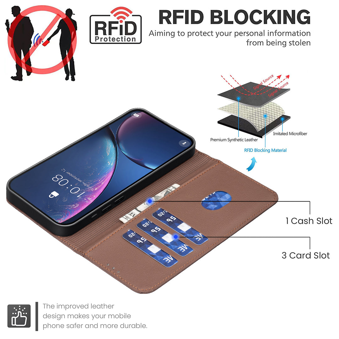 For iPhone 17 Pro Max Case BINFEN COLOR BF35 Geometry Imprinted Leather Phone Cover RFID Blocking Wallet Stand - Brown