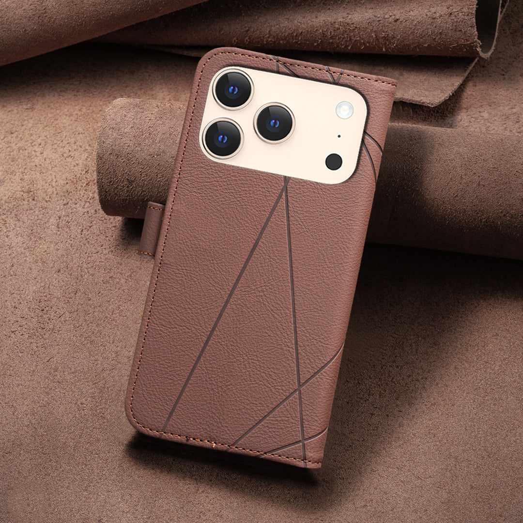For iPhone 17 Pro Max Case BINFEN COLOR BF35 Geometry Imprinted Leather Phone Cover RFID Blocking Wallet Stand - Brown