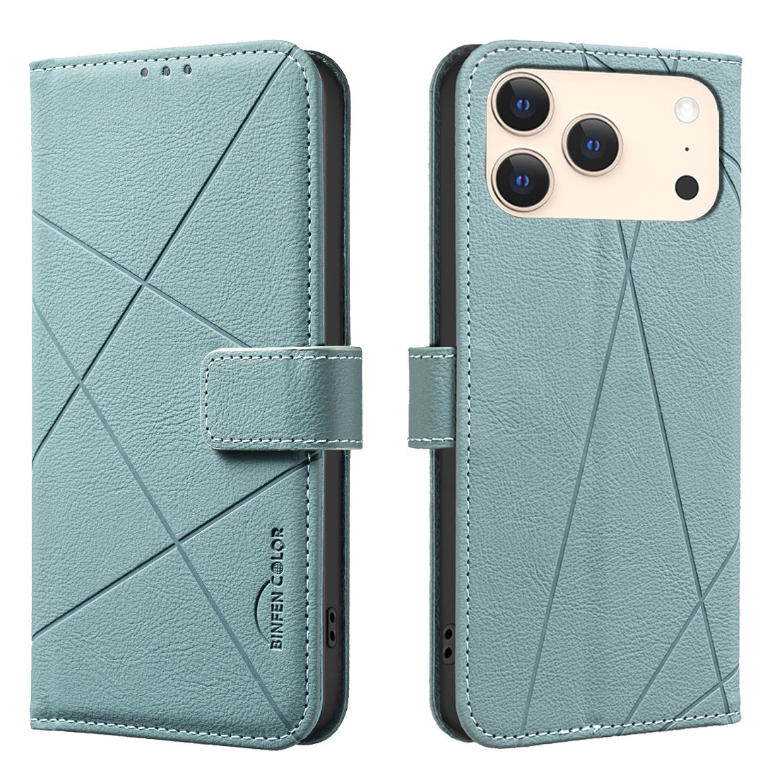 For iPhone 17 Pro Max Case BINFEN COLOR BF35 Geometry Imprinted Leather Phone Cover RFID Blocking Wallet Stand - Green
