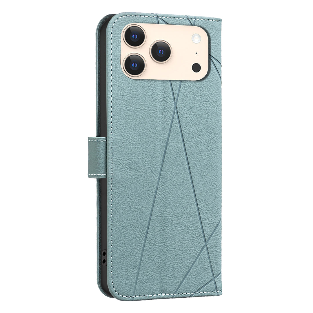 For iPhone 17 Pro Max Case BINFEN COLOR BF35 Geometry Imprinted Leather Phone Cover RFID Blocking Wallet Stand - Green