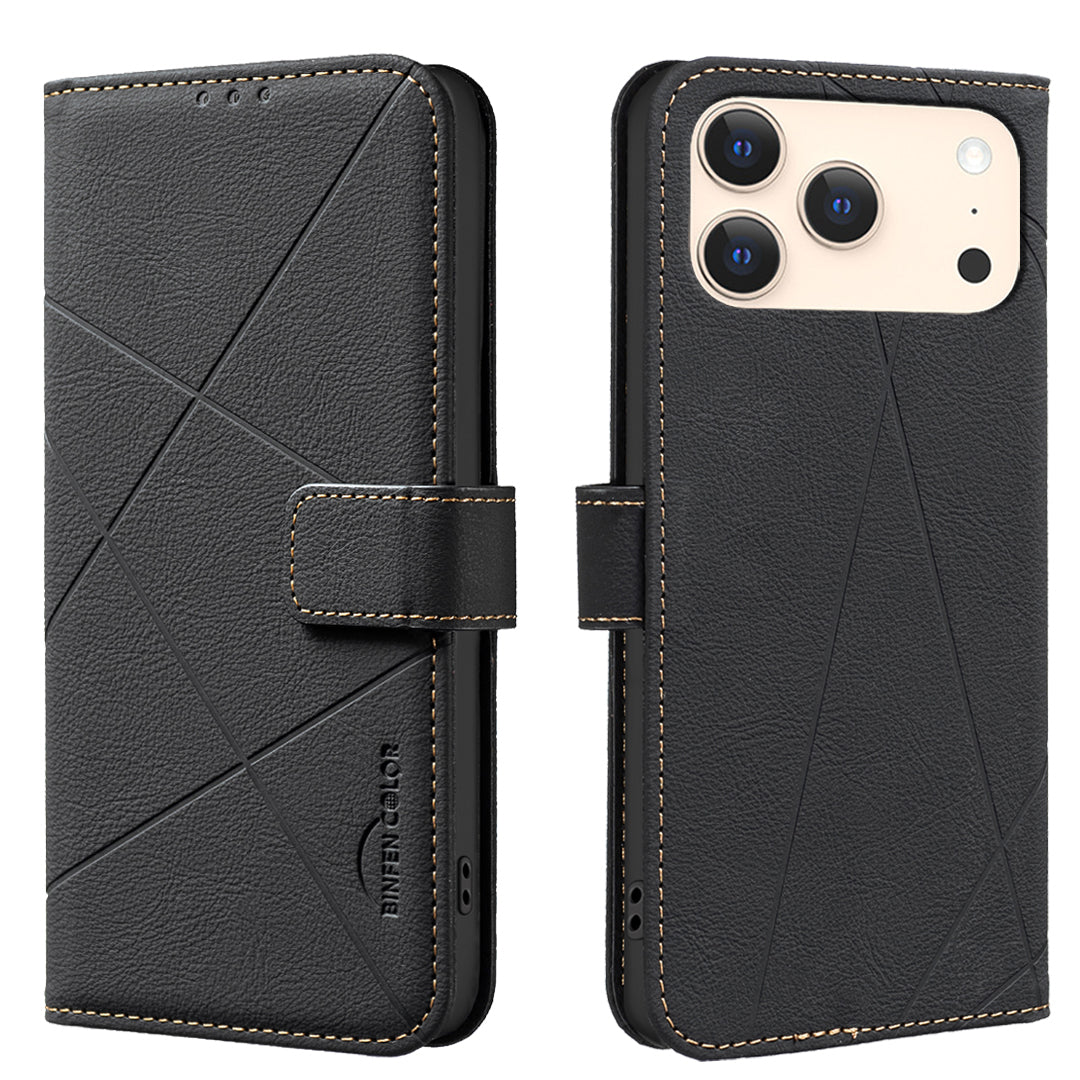 For iPhone 17 Pro Max Case BINFEN COLOR BF35 Geometry Imprinted Leather Phone Cover RFID Blocking Wallet Stand - Black