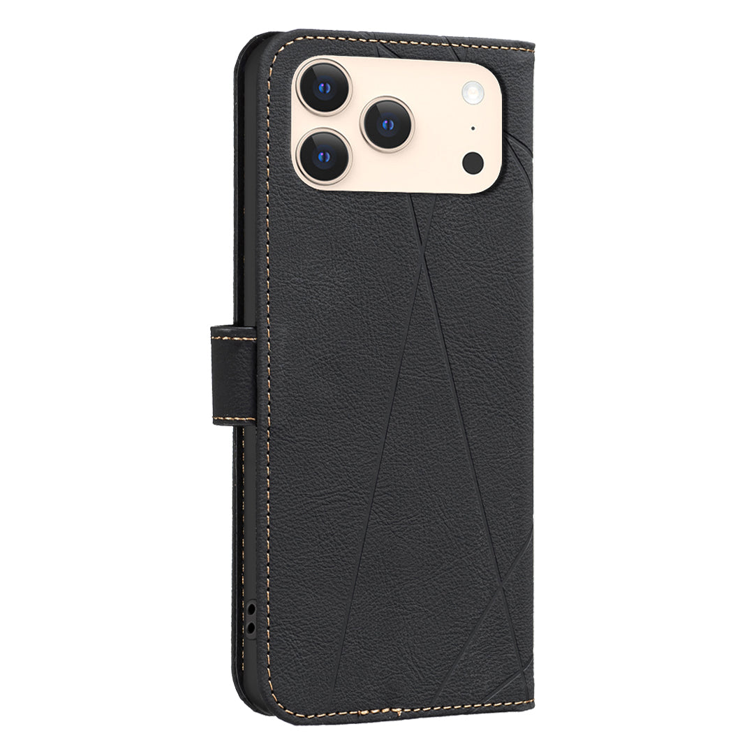 For iPhone 17 Pro Max Case BINFEN COLOR BF35 Geometry Imprinted Leather Phone Cover RFID Blocking Wallet Stand - Black