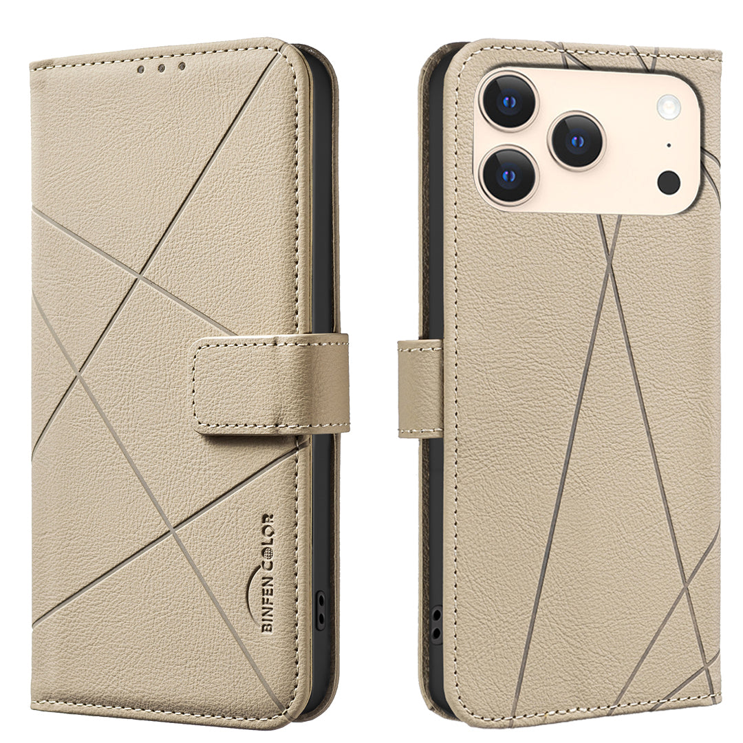 For iPhone 17 Pro Max Case BINFEN COLOR BF35 Geometry Imprinted Leather Phone Cover RFID Blocking Wallet Stand - Beige