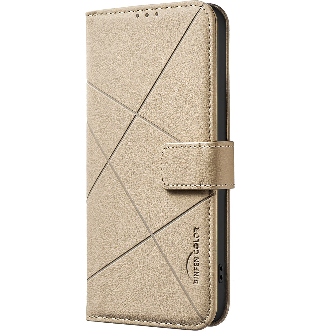 For iPhone 17 Pro Max Case BINFEN COLOR BF35 Geometry Imprinted Leather Phone Cover RFID Blocking Wallet Stand - Beige