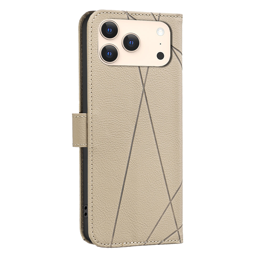 For iPhone 17 Pro Max Case BINFEN COLOR BF35 Geometry Imprinted Leather Phone Cover RFID Blocking Wallet Stand - Beige