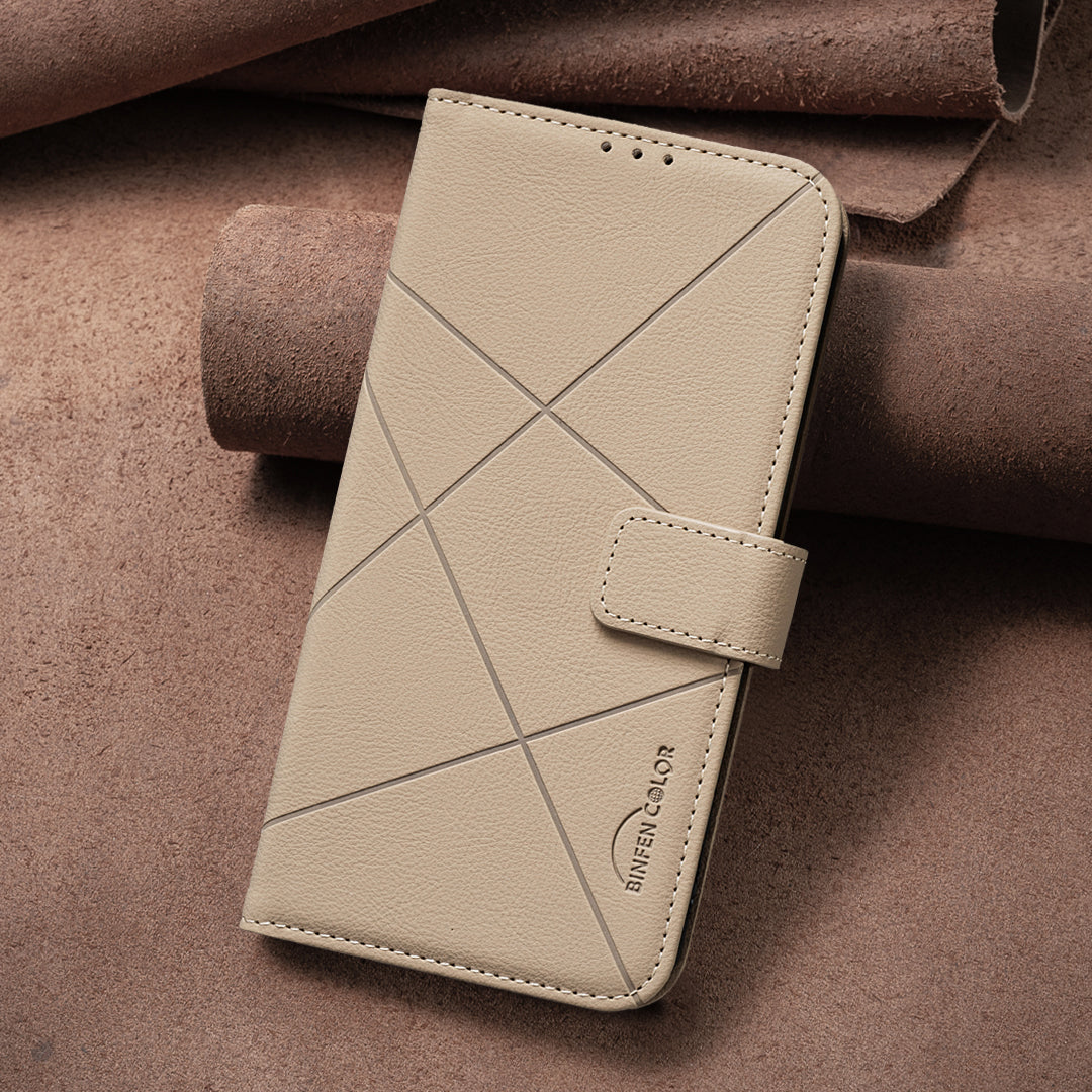 For iPhone 17 Pro Max Case BINFEN COLOR BF35 Geometry Imprinted Leather Phone Cover RFID Blocking Wallet Stand - Beige