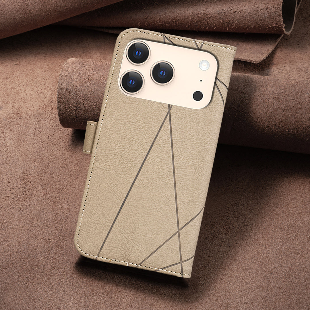 For iPhone 17 Pro Max Case BINFEN COLOR BF35 Geometry Imprinted Leather Phone Cover RFID Blocking Wallet Stand - Beige