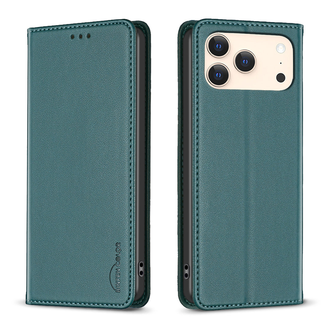 For iPhone 17 Pro Max Leather Case BINFEN COLOR BF18 Phone Stand Cover with Card Slots - Green