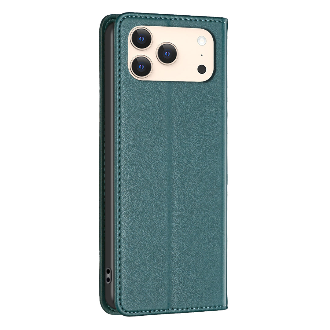 For iPhone 17 Pro Max Leather Case BINFEN COLOR BF18 Phone Stand Cover with Card Slots - Green